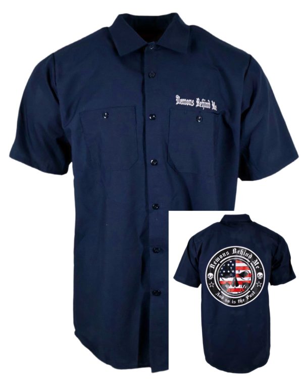 Closeout- Embroidered Shop Shirt - Men s Navy Patriotic Sale