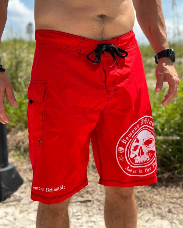 Premium Red Stretch Board Shorts - White Circle Logo on Sale - Image 3