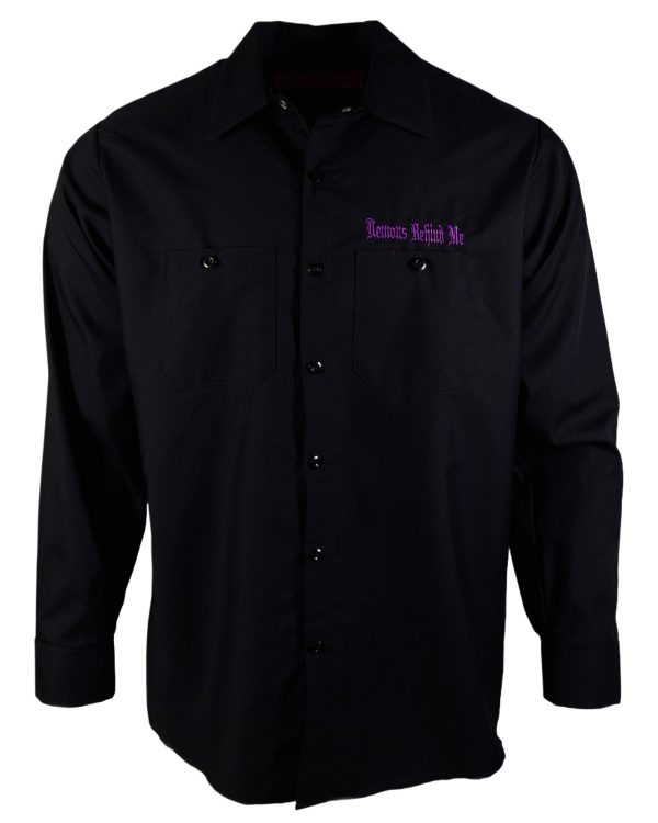 Men s Long Sleeve Black Embroidered Shop Shirt - Purple Logo For Discount - Image 4