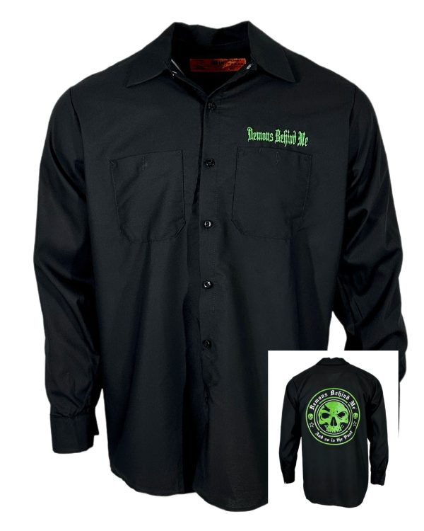 Closeout- Men s Long Sleeve Black Embroidered Shop Shirt - Green Logo Online Sale