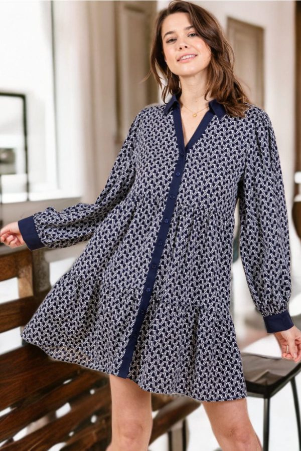 Jodifl Geometric Print Collared Neck Color Trim Dress For Cheap