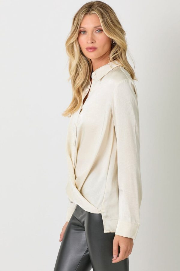 Mystree Crinkle Satin Twisted Hi-Low Bottom Button Down Blouse Cheap - Image 5