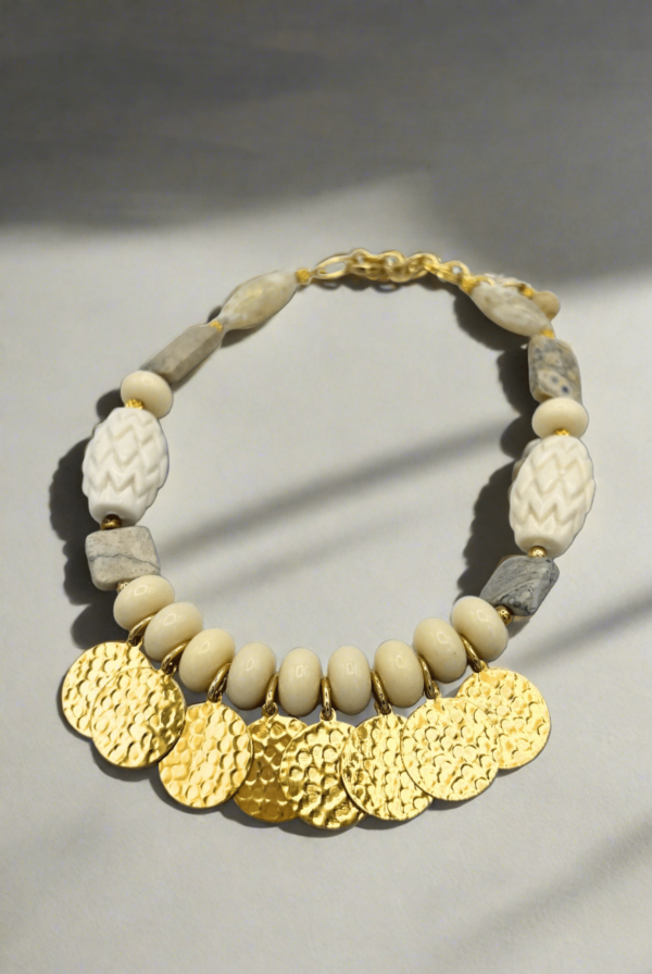 Helena Elegant Mixed Stone and Hammered Gold Disks Necklace Online