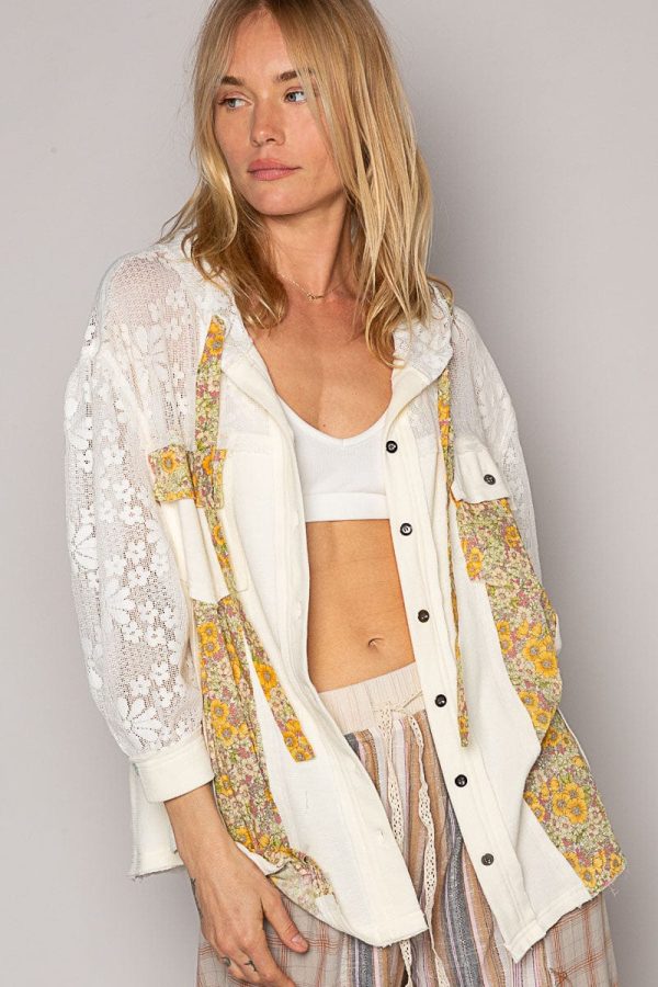 POL Long Sleeve Regular Fit Lace and Floral Printed Hoodie Top Hot on Sale