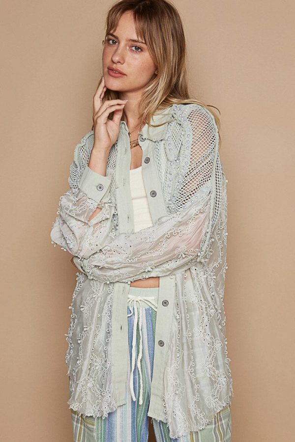 POL Balloon Sleeve Fabric Patch Textured Shirt Top with Pearl Embellishments Fashion - Image 4